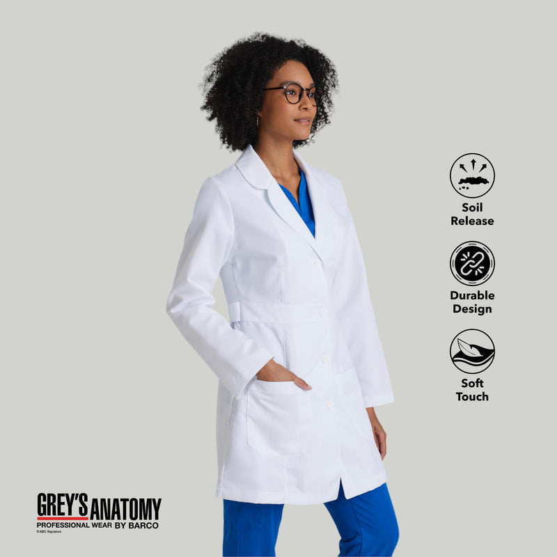 BARCO Grey's Anatomy Scrubs Lily Professional Full-Length 3-Button Long Sleeve 34" Medical Lab Coat for Women Medium White
