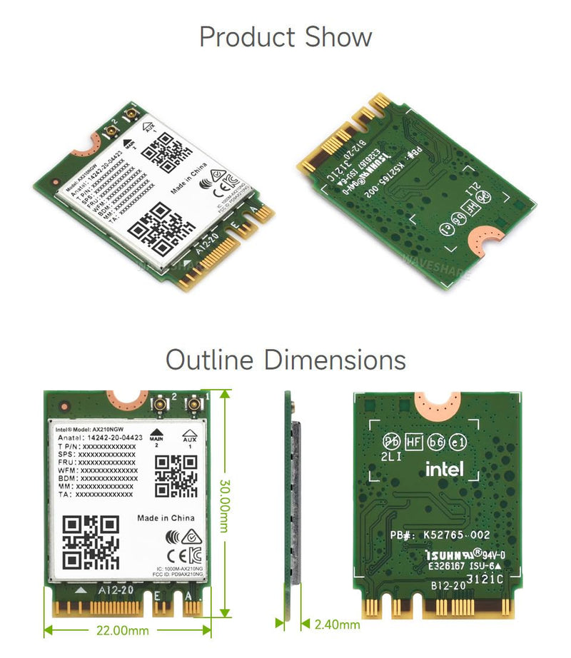 Waveshare Wireless AX210 NIC, Gigabit Tri-Band Wi-Fi 6E, 802.11AX Standard, Bluetooth 5.3, 2.4G/5G/6GHz, NGFF Interface, MU-MIMO, High-Speed Performance & Compatibility