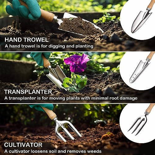 Bluemars Gardening Hand Tool Kit 14PCS Heavy Duty Stainless Steel Garden Tool Set with Floral Garden Tote -Outdoor Gardening Transplanting Gifts for Woman