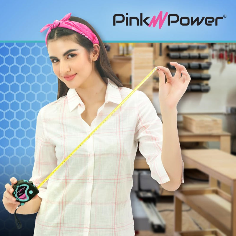 Pink Power Tape Measure with Fractions – Blue Heavy-Duty Small Measuring Tape Retractable with Easy-Read Markings, Electrician Self Centering Return, Magnetic Hook (Blue, 25 ft.)