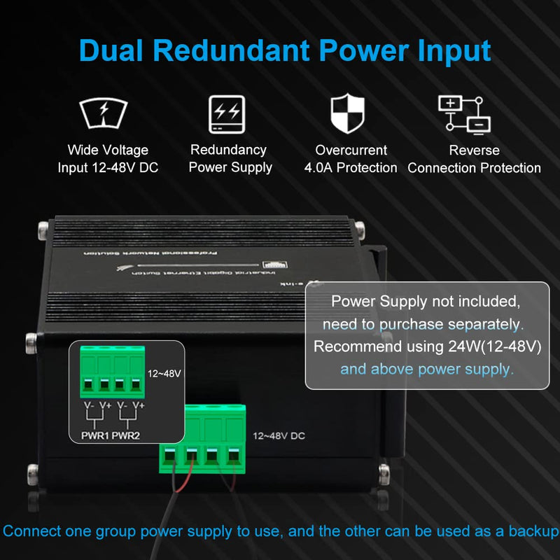 Industrial 10 Port Gigabit Ethernet Switch, RJ45 10/100/1000Mbps Mini Din Rail Mount Ethernet Switch, 12-48V DC Hardened Unmanaged Network Switch 20Gbps Switching Capacity 10 RJ45 Switch