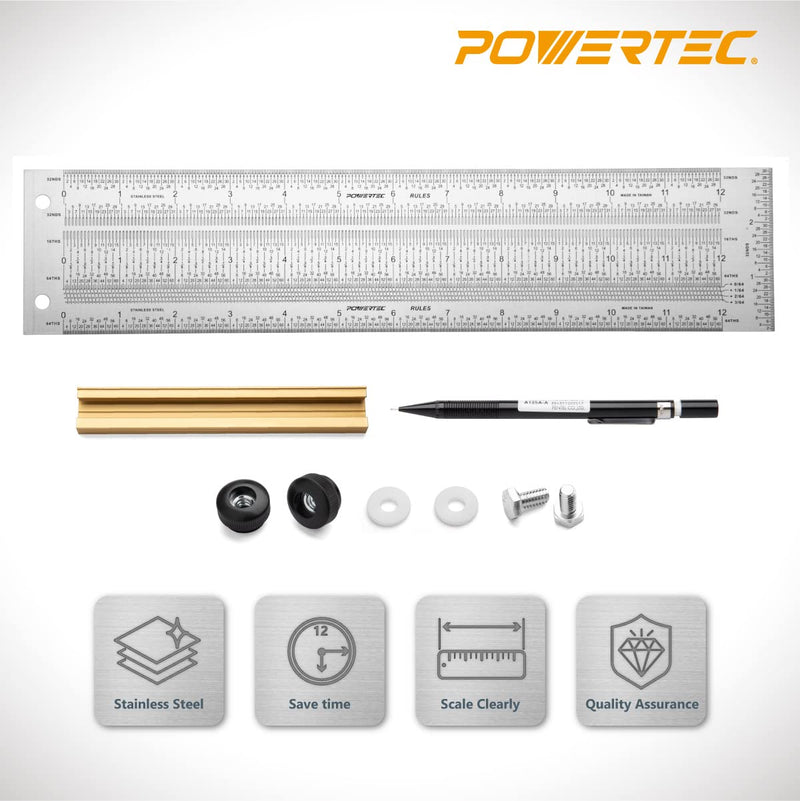 POWERTEC 12'' Precision Marking T-Square, T Rule w/Pencil for Measuring, Scribing, Setting Up Bits Height, Stainless Steel Woodworking & Crafting Marking Tools for Drill Press, Table Saw 80028 12" T Square