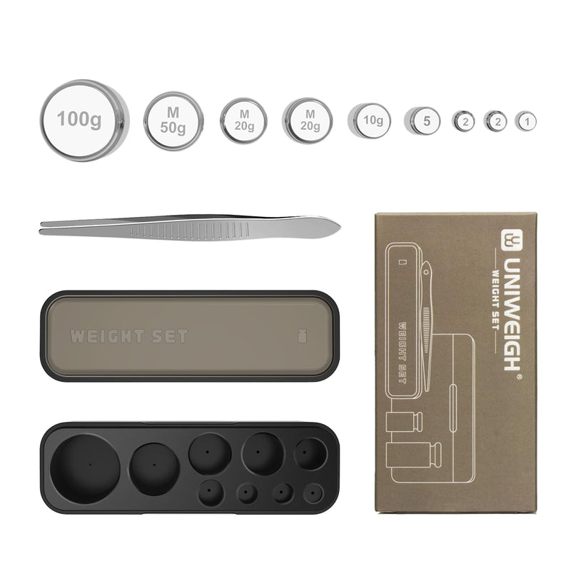 UNIWEIGH Calibration Weights 210g 9 Piece Calibration Weight Set | Weights of 1g, 2g, 5g, 10g, 20g, 50g and 100g with stainless steel tweezers for digital high-precision scales, gram, milligram scales, large