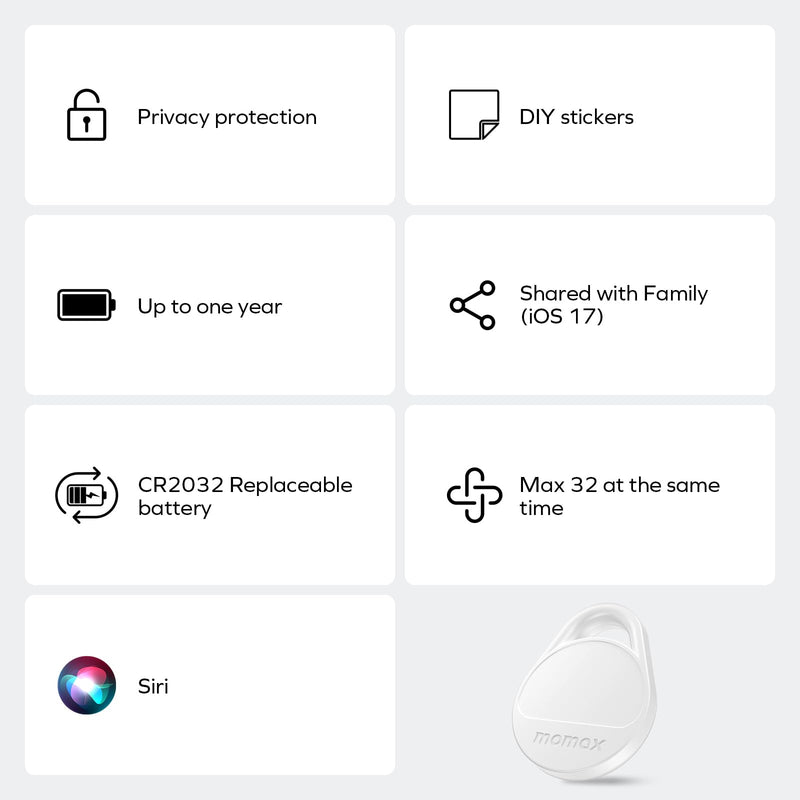 Momax Tracker Electronics Key Finder Luggage Tracker Smart Tag for Key, Backpack, Wallet, Pets Works with Apple Find My (iOS Only) and Global Search Range Include DIY Personalized Stickers White