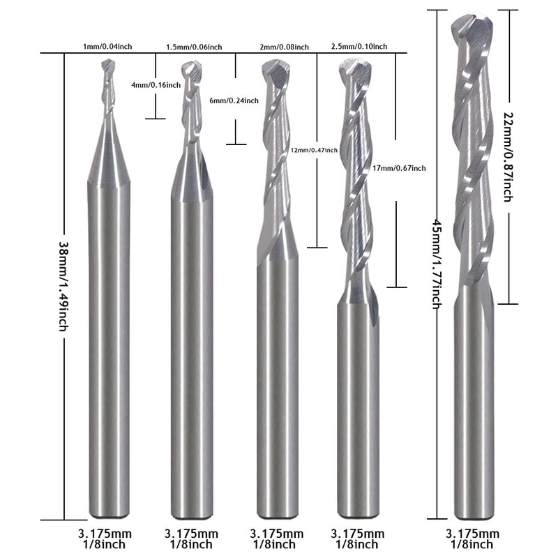 for Wood Working Set Diameter 1mm 1.5mm 2.0mm 2.5mm 3.175mm Carbide Ball Nose End Mill CNC Engraving Router Bits Milling Cutter