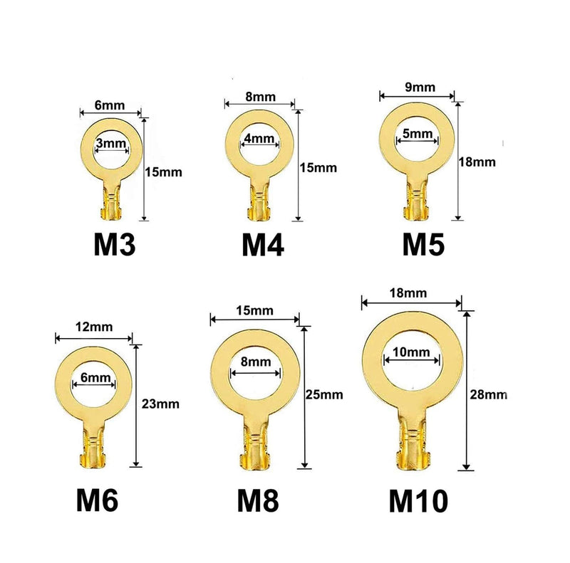 150 pieces ring cable lug set, JatilEr ring cable lug set brass ring cable lugs ring terminals made of copper non-insulated terminal connector assortment kit M3 M4 M5 M6 M8 M10
