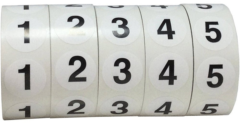 Numbers 1-5 Bulk Pack Office Warehouse Organization Inventory Stickers 3/4 Inch 500 Per Roll 2,500 Total Stickers