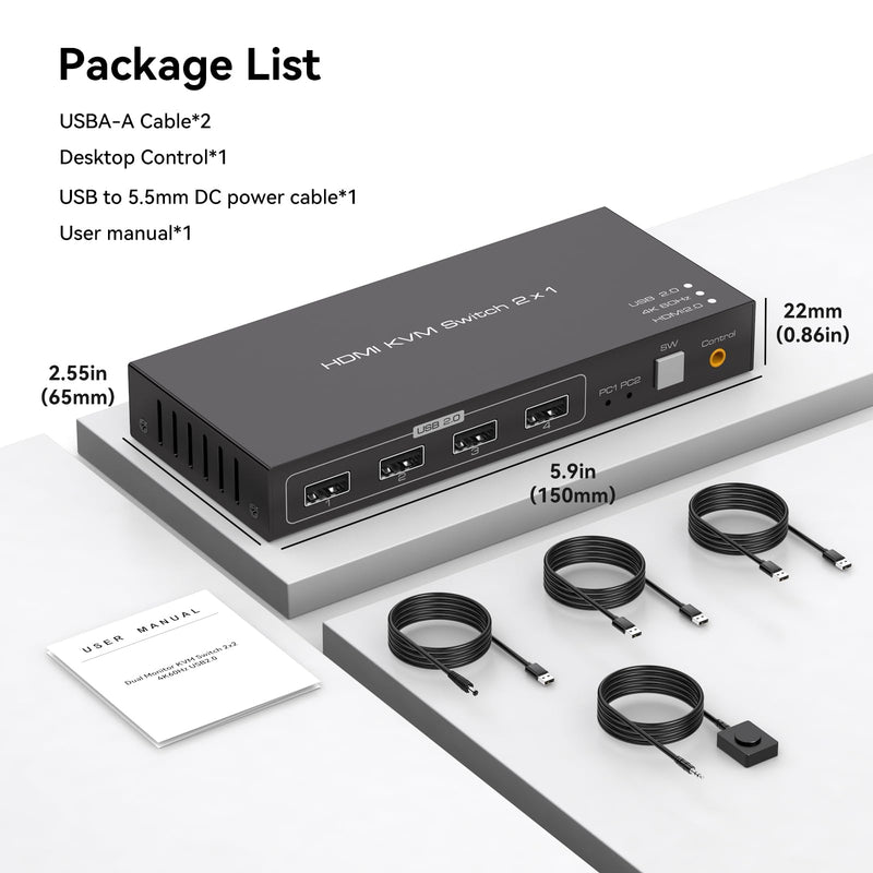 4K60HZ KVM Switch 1 Monitors 2 Computers HDMI KVM Switches for 2 Computers Sharing Single Monitor and Keyboard Mouse Hard Drives Printer with Two USB Cables and Wired Controller SW201ABG Deep Black