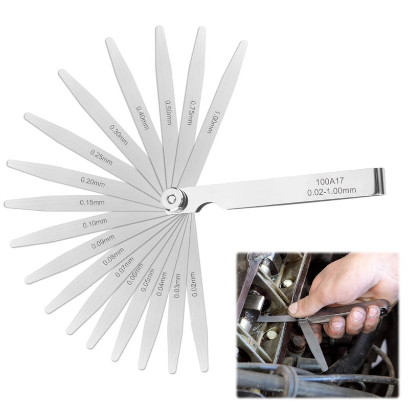 17 Stainless Steel Blades Feeler Gauge 0.02-1.00 mm Metric Blades High Precision | Hochpräziser Fühlerlehre Faltbares Werkzeug Ventillehre Gap Breite Messwerkzeug für Dicke Messung Kolbenringen Bremsbaendern