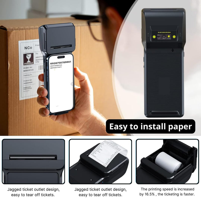 POS XP-P1 Portable Thermal Printer, USB & Bluetooth, 58mm Paper Width, High-Speed Printing, 1D/2D Barcode Scanning, Compatible with Windows, Linux, Android, iOS (Black) Black