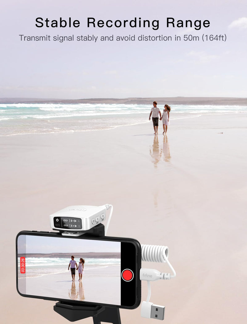 FIFINE Wireless Lavalier Microphone System, Lapel Dual Microphones Clip-on for Video Recording, Vlog, Interview, Podcast Mic Kit Compatible for iPhone, Camera, Smartphone, 30H Battery Life-M9 White