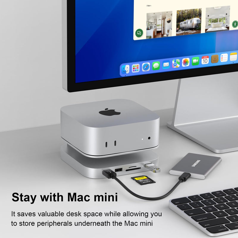 Qwiizlab Aluminum Stand Hub for Mac mini M4/M4 Pro, Docking Station with with NVMe SSD Enclosure, 2 USB-A 10Gbps, TF/SD 4.0 Card Readers 312MB/s, USB-A 2.0, Fits M.2 NVMe SSD up to 8TB