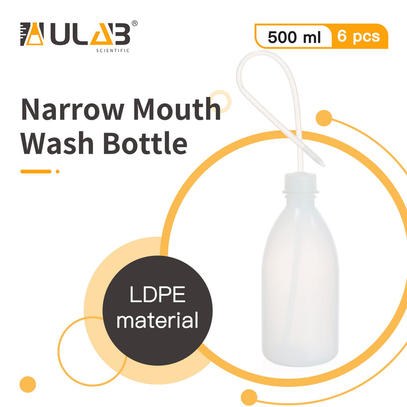ULAB 6pcs of Vol.500ml (16oz) Wash Bottle, Narrow Mouth Squeeze Bottles, LDPE material, with Long Dispensing Tube, UWB1026 6pcs of 500ml with long tube