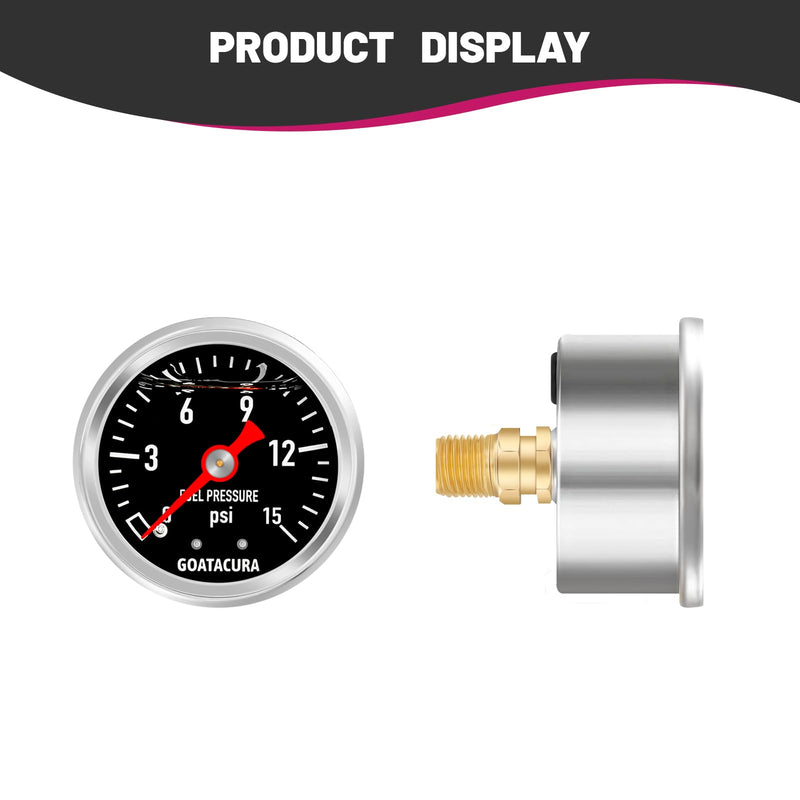 0-15psi Glycerin Filled Fuel Pressure Gauge, 1-1/2" Black Dial Size, 304 Stainless Steel Case, 1/8" NPT Center Back Mount, with High Accuracy, for Measuring Fuel Pressure 0-15psi Back Mount(Black Dial)