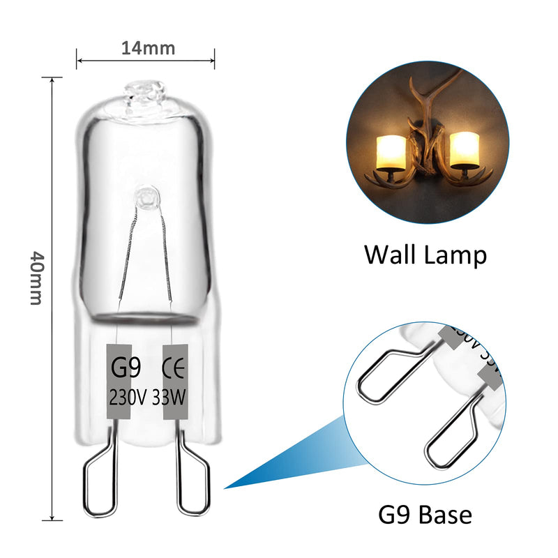 Halogen bulbs G9 33W 230V, 2700K warm white 460lm dimmable, G9 clear halogen plug-in bulbs for wall lamps, chandeliers, floor lamps, 10 pieces 33.0 watts