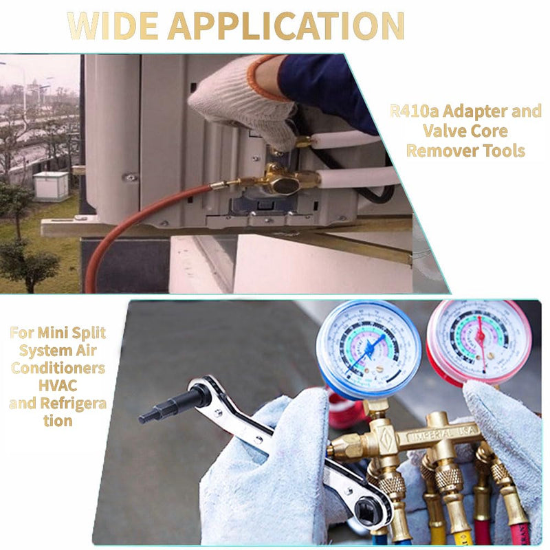 R410a Adapter for Mini Split System, Charging Vacuum Port Adapter, 5/16 Female 1/4 Male Flare, Valve Core Remover, r134a Hose Gaskets, 5V1 Valve Cores, for Air Conditioners Refrigeration HVAC Service