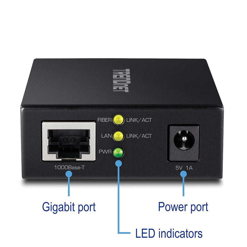TRENDnet 1000Base-T to SFP Fiber Media Converter, Compact Design, 1000Base-T RJ-45 Port, 1000Base-SX/Lx SFP Slot, Mini Gbic, Multimode, Single-Mode, Full-Duplex Mode, Dual Speed SFP, TFC-GSFP 10/100 Mbps RJ-45|100 Mbps SFP