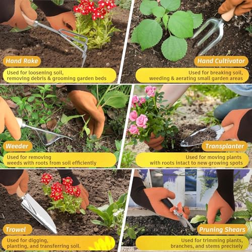 22Pcs Gardening Tools Set for Women Heavy Duty Garden Hand Tool Kit,Birthday Gifts for Mom Wife Grandma Beginner,Gardening Accessories with Sunflower Tote Bag/Shovel/RepottingMat/Plant Labels/Gloves Yellow