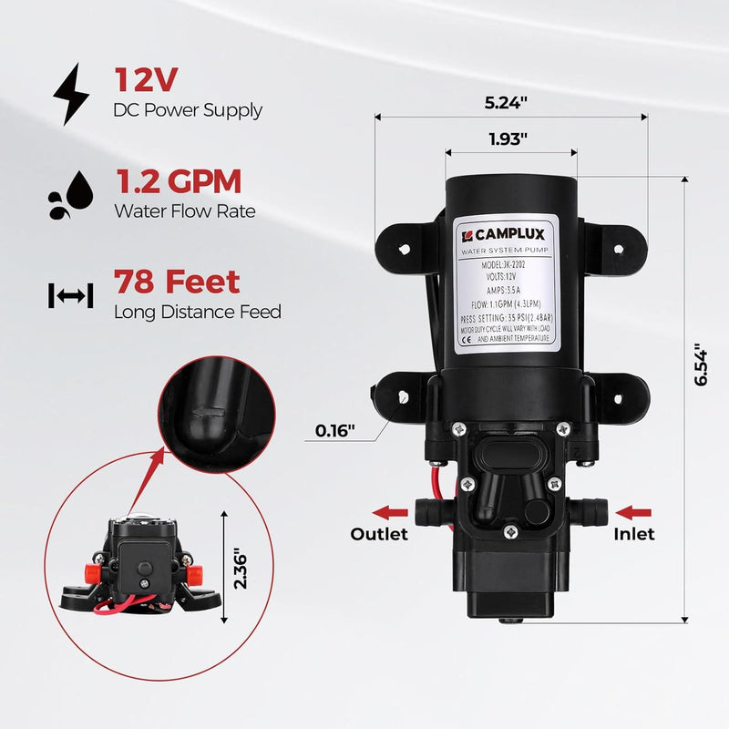 CAMPLUX 12V DC Water Pump, 1.2 GPM Pressure Diaphragm Pump for RV Marine Boat