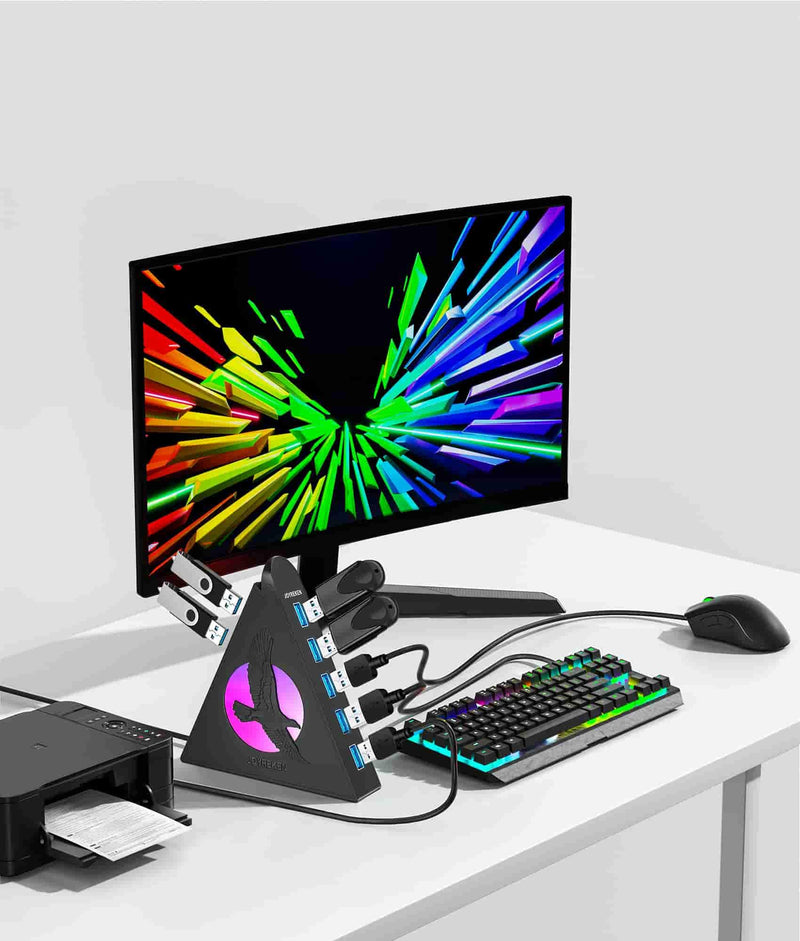 7 Port USB Hub, USB 3.0 Data Hub with 2 ft Long Cable,RGB Night Light,Multi Port Gaming Hub for PC, Laptop, Flash Drive, Keyboard, Mouse, Console, Xbox, PS4/PS5, iMac, Flash Drive, HDD 2ft Eagle Black