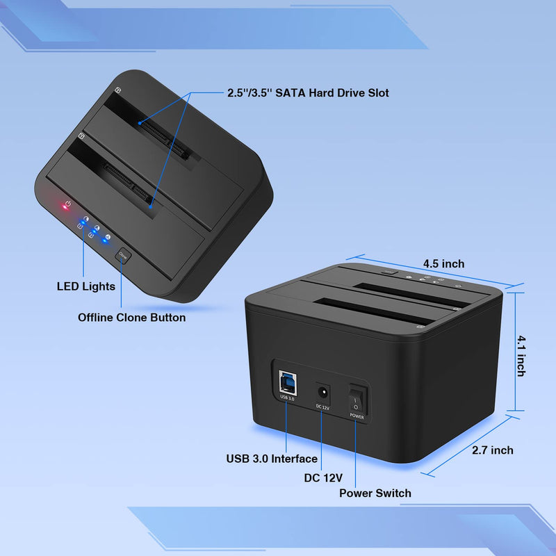 FIDECO Hard Drive Docking Station, USB 3.0 SATA HDD Docking Station for 2.5 & 3.5 inch SATA HDD/SSD, Dual Bay, Support Offline Clone and UASP