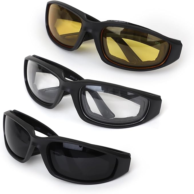 3 Pairs Motorcycle Riding Glasses Foam Padded Eyewear Goggles UV Protection Anti-Wind Dustproof Motorcycle Sunglasses for Outdoor Activities Sports-Clear Yellow Smoke