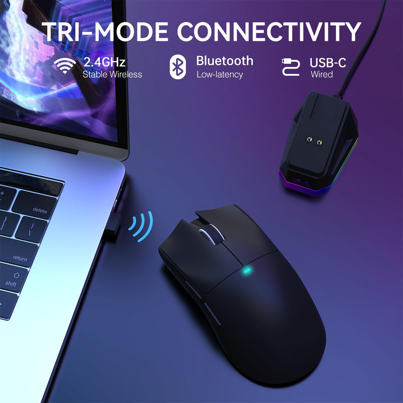 ATTACK SHARK X11 Lightweight Wireless Gaming Mouse with RGB Charging Dock,Tri-Mode-2.4G/USB-C Wired/BT,Up to 22K DPI,PAW3311 Optical Sensor,HUYU Switch, 5 programmable Buttons for PC/Mac(Black) Black