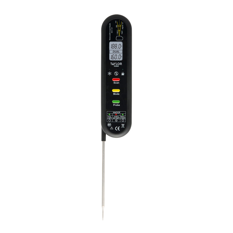 Taylor Dual Temp Infrared Thermocouple Thermometer, Multi-Functional Infrared Mode, Dual Line LCD, HOLD, Min/Max; Step Down Probe, Water Resistant, Black