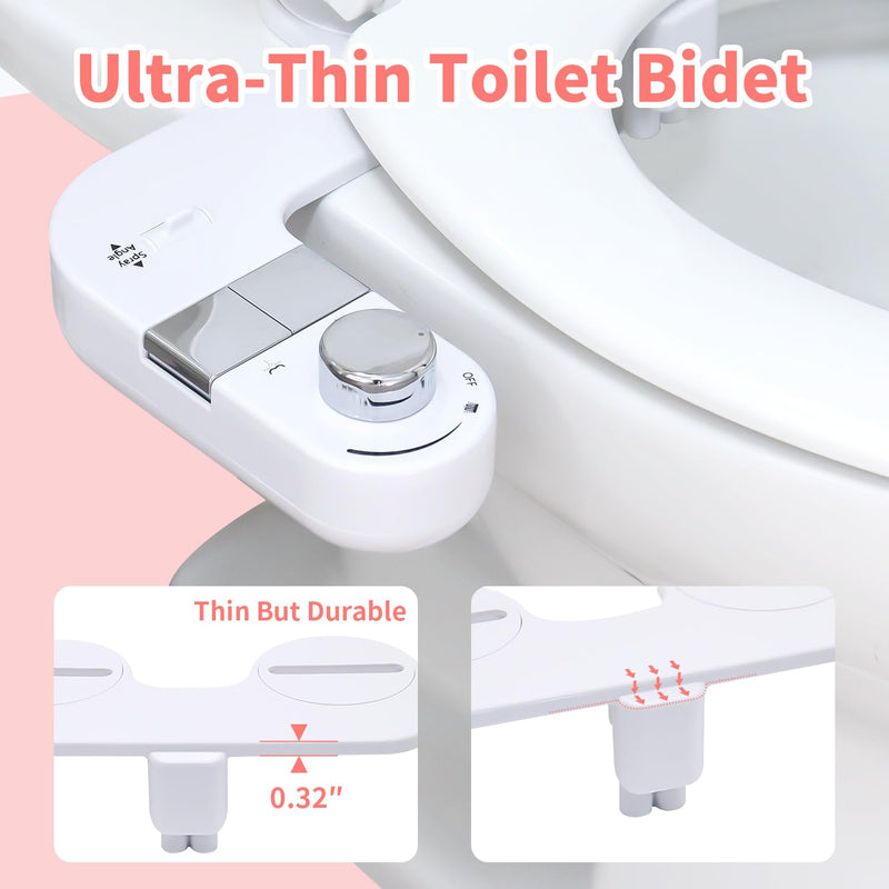 GLIGAM Bidet Attachment for Toilet,Dual Nozzle Bidet Toilet Seat,Non-Electric Ultra-Thin Bidets for Frontal & Rear Wash, Adjustable Water Pressure,Fresh Water Bidet, Easy Installation,White White and Silvery