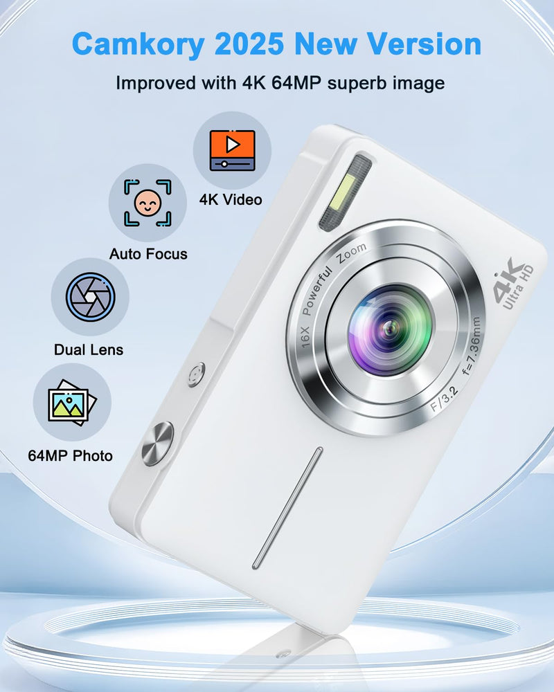 Digital Camera, 4K 64MP Cameras for Photography, Point and Shoot Digital Camera with Auto Focus, Dual Camera, Flash, 16X Zoom, Anti Shake, 32GB Card, Compact Vlogging Camera for Teens, Adults White