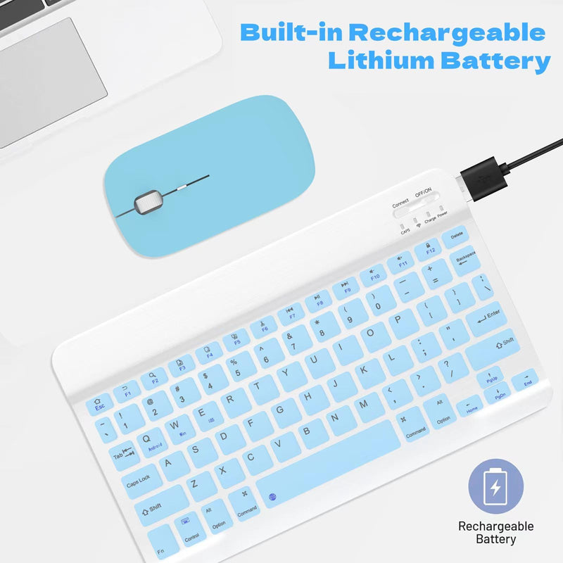 Bluetooth Keyboard and Mouse Combo, QWERT Layout Universal Ultra-Slim Wireless Keyboard Mouse Set for Android Windows iPad iPhone Samsung Tablet Portable Compact Keyboard Set, Light Blue