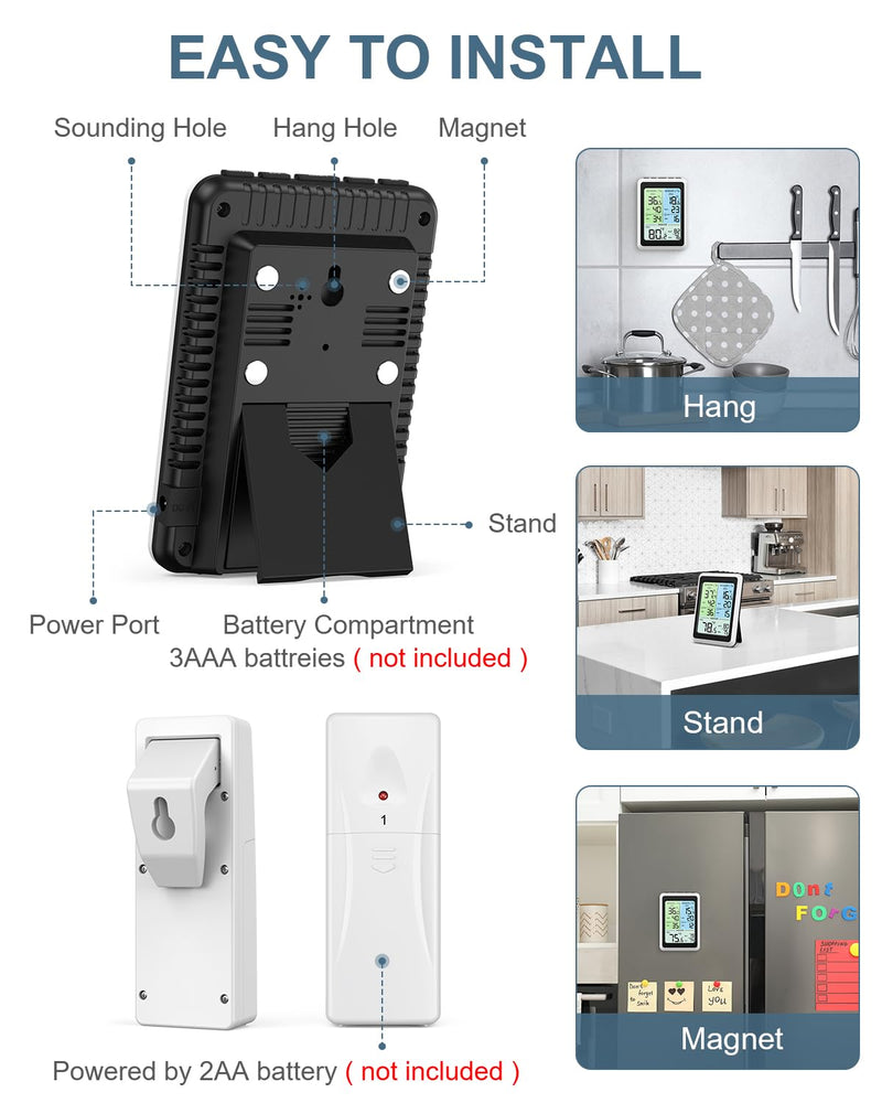 Upgraded Refrigerator Thermometer with Freezer Alarm, Digital Wireless Fridge Thermometer with 2 Sensors, 4.5" LCD Display, ℃/℉, Backlight Min/Max Record for Kitchen Home Restaurant