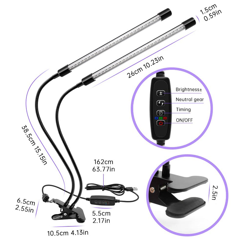 inShareplus LED UV Light Dual Head with USB, 395nm-405nm Dimmable UV Light with Clip, Glow in The Dark, 20W Black Lamp for Party, Stage, Glue Curing Resin Paint, Collection, Aquarium Long Two head