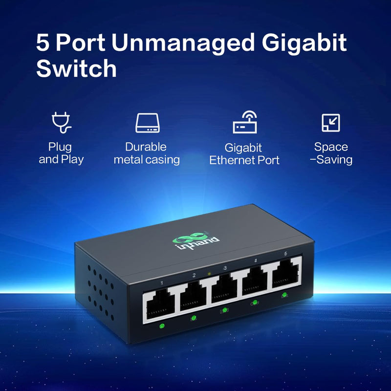 InHand ES220 Unmanaged Switch with One-Click VLAN | 5-Port Gigabit Ethernet Hub with 52W Power Output | Fanless Metal Case for Security Cameras, VoIP Phones & WiFi AP (5-Port Gigabit PoE Switch) 5-Port Gigabit PoE Switch