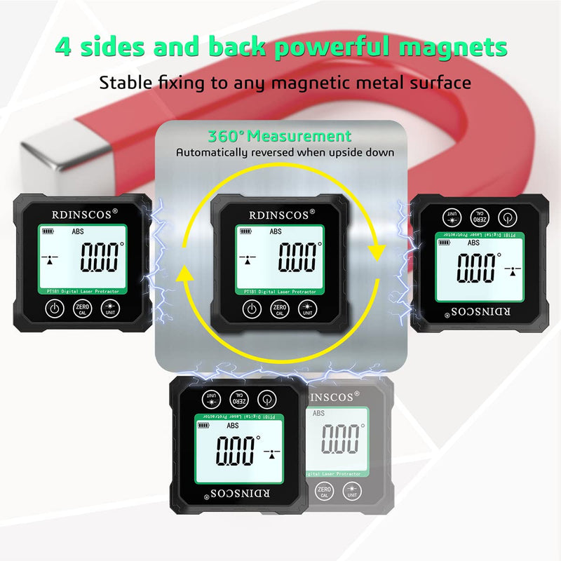 RDINSCOS Rechargeable Angle Meter Magnetic Angle Gauge | 4-Side Strong Magnetic, LCD Backlight, Protractor Inclinometer, For Woodworking, Tablesaw, Construction, Machinery Green