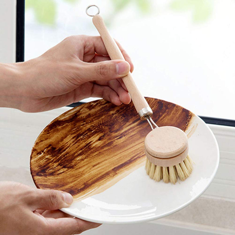 5 Pack Natural Bamboo Cleaning Brush Set, Pot Dish Scrub Brush with Handle and Flannel Bag Kitchen Brushes for Cast Iron Pots, Pans, Vegetable and Kitchen Cleaning Type 2
