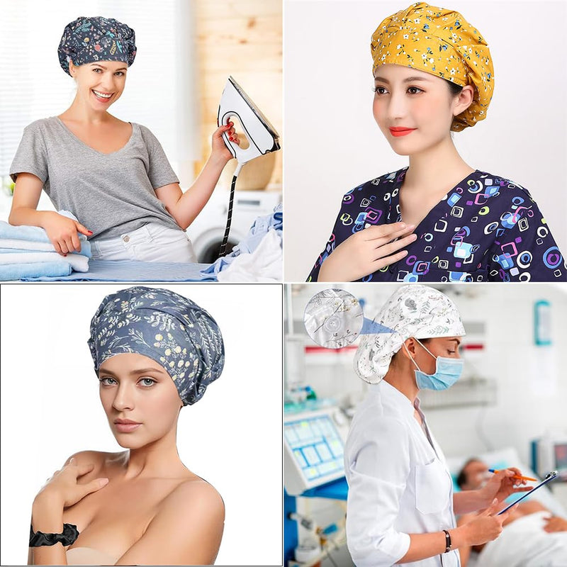 6 x adjustable surgical caps, women's surgical cap, fabric with satin lining, unisex | Satin hair cap with button, work cap with sweatband hoods, dust caps cap, chef hat, cotton print surgical
