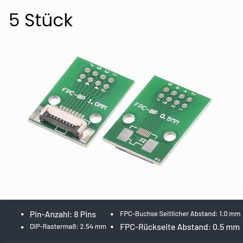 sourcing map FPC FFC Converter Connector Board 8P 1.0 mm to Female Side 0.5 mm Back to DIP 2.54 mm for LCD 3D Printer DVD TV Laptop Audio Pack of 5