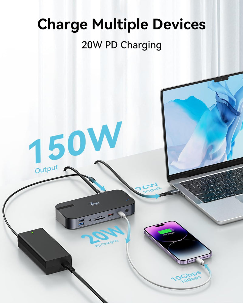 USB C Dock Triple Monitor with Dual DisplayPort 3X 4K@60Hz, Docking Station with USB C Port to Monitor 5K@60Hz/4K@120Hz, 10Gbps USB, SD/Micro SD 4.0, RJ45, 150W Power Charger
