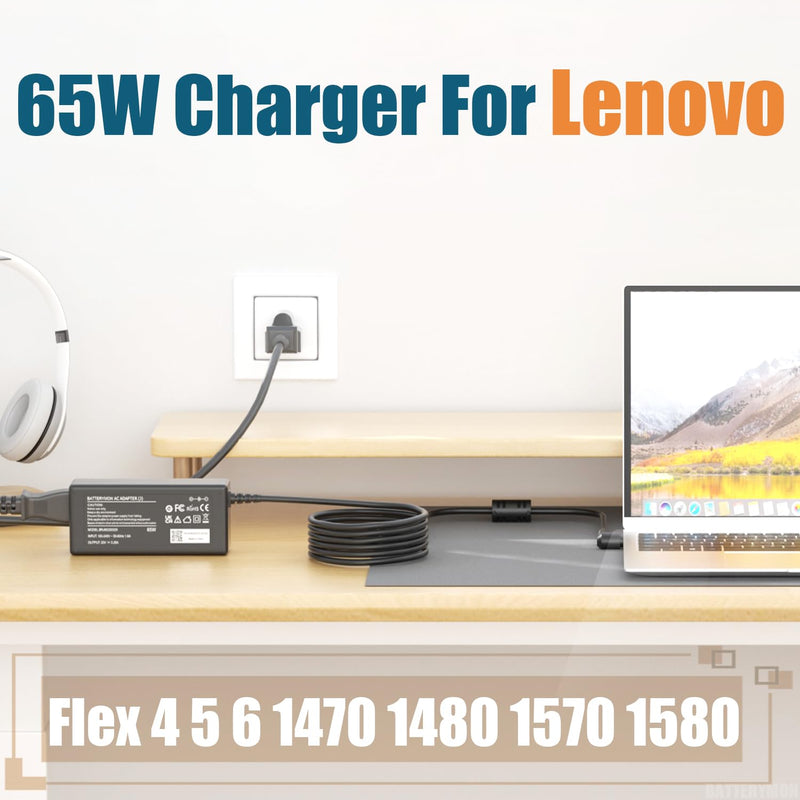 65W Power Cord for Lenovo Ideapad Flex 5 Charger, Flex 4 5 6 1470 1480 1570 1580 4-1130 Ideapad 3 S145 S150 S340 S740 710s 720s 320 330 Yoga 710 720 V14 V15 V17 Laptop AC Adapter (20V 3.25A 4mm Tip)