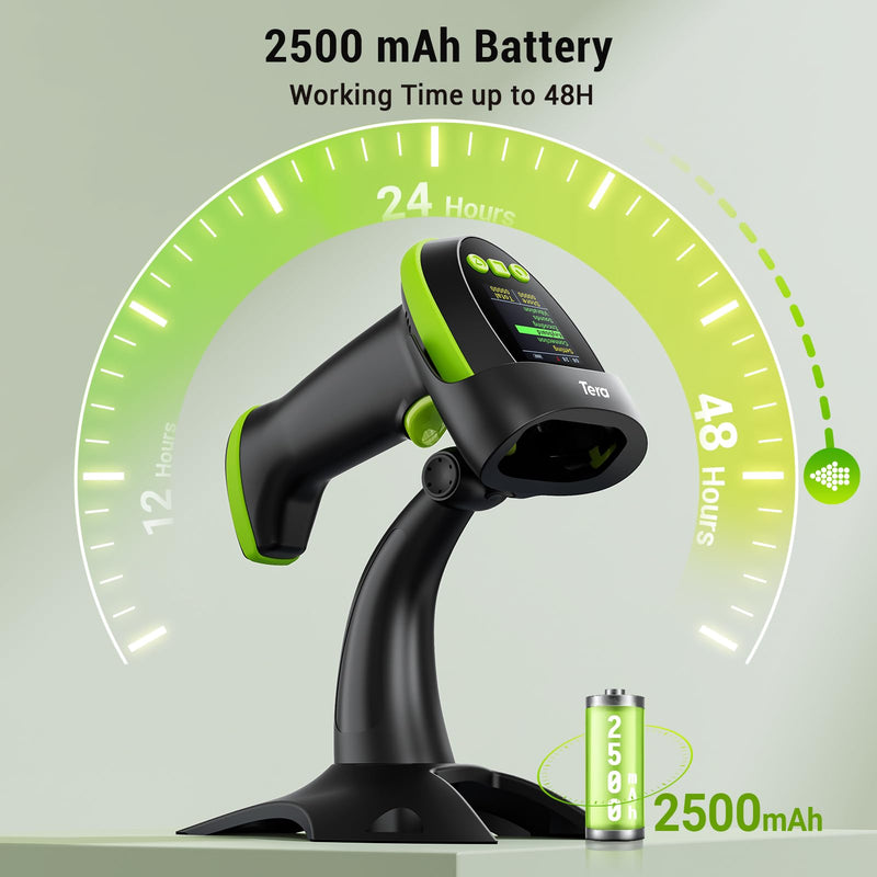Tera Barcode Scanner Wireless 2D QR with Stand: Digital Setting Screen Keypad Pro Version Extra Fast Scanning Speed Works with Bluetooth 2.4G Wireless USB Wired Bar Code Reader HW0009-Z Green Green with Stand