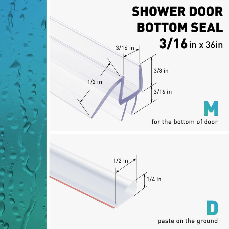 Shower Door Bottom Seal, 2 PCS 3/16" x 36" Shower Door Sweep for 3/16 Inch Glass, Frameless Glass Shower Door Seal Strip, Stop Shower Leaks and Create a Water Barrier For 3/16" Glass