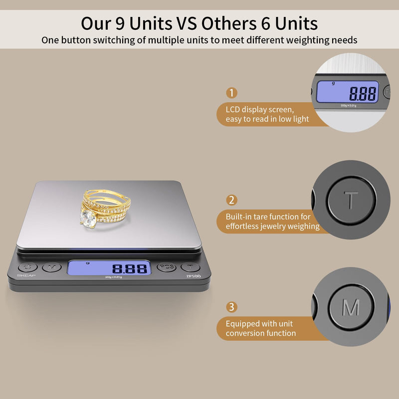 SKEAP Digital Jewelry Scale – 500g x 0.01g Precision Gold Scale for Jewelers & Collectors, Digital Coin Scale with Backlit LCD, Tare Function– Ideal for Gemstones, Bullion & Coins.