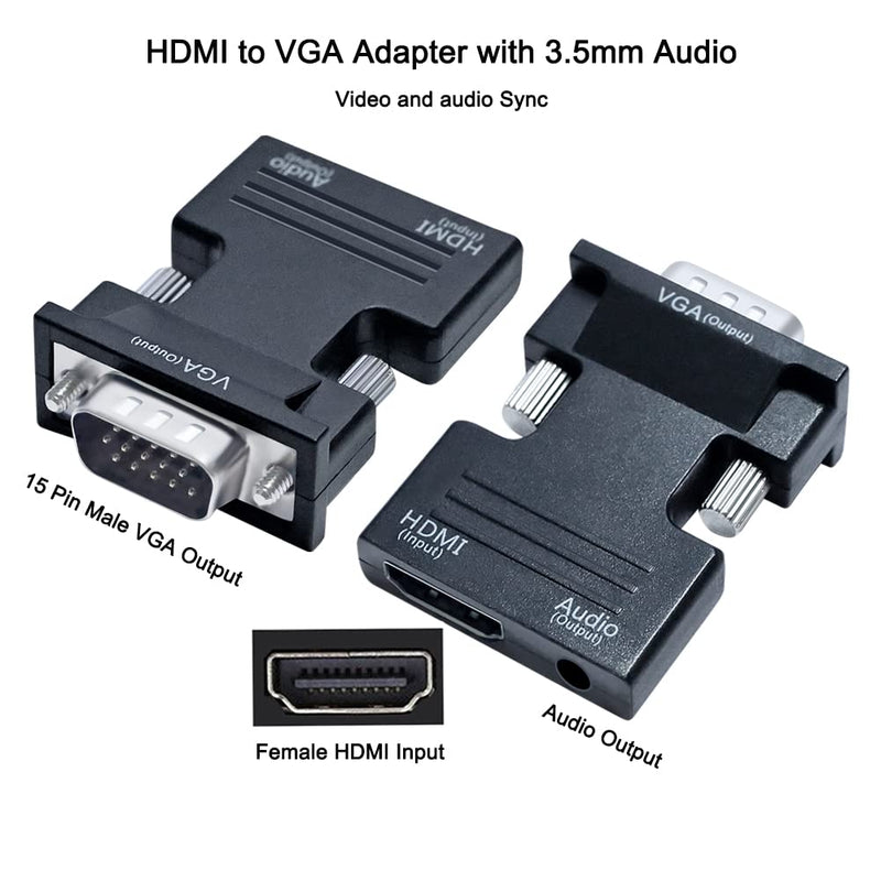 DTech HDMI to VGA Adapter with 3.5mm Audio Port (PC HDMI Source Output to VGA TV) for Old Computer Monitor Laptop Projector 1080P Video (Female HDMI in, Male VGA Out adaptador)