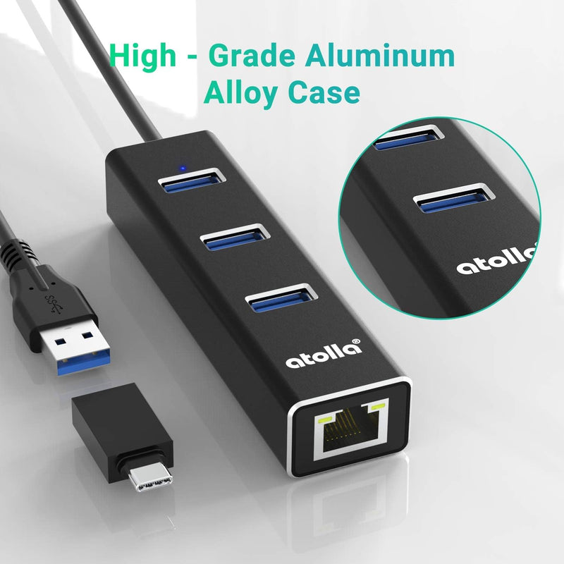 USB 3.0 Hub with Gigabit Ethernet — 3-Port SuperSpeed USB-A Hub + USB-C Adapter, 5Gbps Data Transfer, Plug-&-Play, Aluminum Design — Compatible with MacBook Pro/Air, Dell XPS, Surface, Chromebook