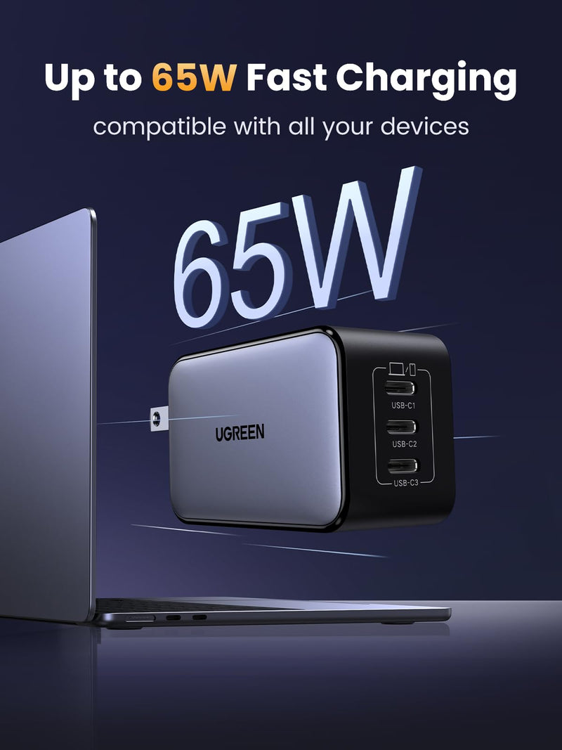 UGREEN 65W USB-C Charger Block, Nexode 3-Port Type-C GaN Charger USB C Power Adapter Fast Charging Compatible with iPhone 16/15, Galaxy S24/S23, MacBook Pro/Air, iPad Pro/Air, Pixel 9/8, Steam Deck