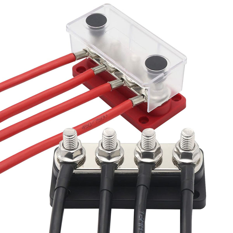 300A Bus Bar Marine Power Distribution Block with Cover 4X 5/16" (M8) Terminal Studs with Cover Marine Battery Bus Bar 12V - 48V for Automotive Car Boat 300A-4x 5/16"- Black& Red