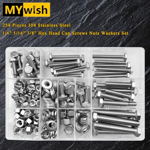 Mywish 254Pcs Nuts and Bolts, 1/4 20 5/16 18 3/8 16 Bolt, Heavy Duty 304 Stainless Steel Bolts and Nuts Kit with Flat Spring Washers, Includes 10 Common Sizes, Fully Threaded 254 Pcs Mixed Size Kit - Silver
