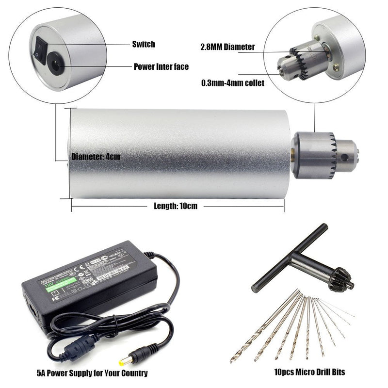 Yakamoz 0.3mm - 4mm Micro Aluminum Portable Handheld Drill DIY PCB Mini Electric Hand Drill with 5A Power Supply & 10pcs Micro Drill Bits 5a Mini Drill