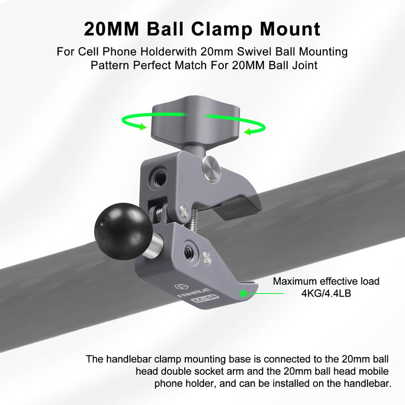 FANAUE Aluminum Alloy Handlebar Clamp Mount Base with 20mm Ball Head Adapter for Rails 0.5'' to 2'' Diameter Compatible with 20mm Ball Double Socket Arm & Bike Motorcycle Phone Holder